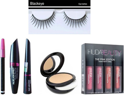 

Blackeye combo of huda beauty pink edition, eyeliner, mascara, eyebrow pencil and Mac compact and eyelashes(Set of 9)