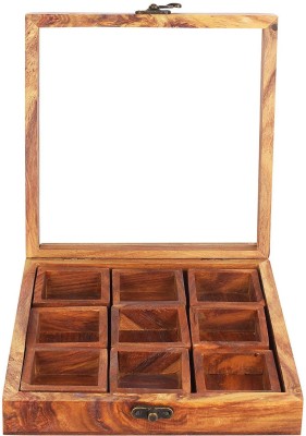 Bridge2Shopping Wooden Spice Box | Masala Box with 9 Compartments | Wood Spice Box | Dry Fruit Box | Jewelry Box | Gift Item - 9 x 9 x 3.5 (INCH) 1 Piece Spice Set(Wooden)