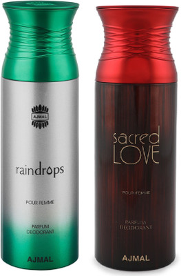 

Ajmal Raindrops & Sacredlove Deodorant Spray - For Women(200 ml, Pack of 2)
