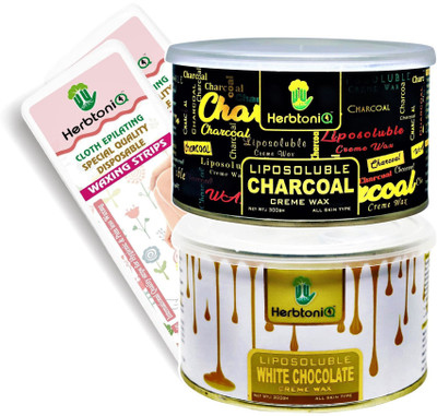 

HerbtoniQ Liposoluble Charcoal And White Chocolate Creme Wax 300g Each With 100pcs Medium Size (9x3 Inch) Wax Strips Wax(600 g, Set of 2)
