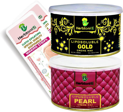 

HerbtoniQ Liposoluble Gold And Pearl Creme Wax 300g Each With 100pcs Medium Size (9x3 Inch) Wax Strips Wax(600 g, Set of 2)