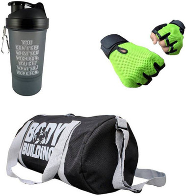 

Vellora Gym bag, Protein Shaker And Gym Glove With Wrist Support Combo Gym Gym & Fitness Kit