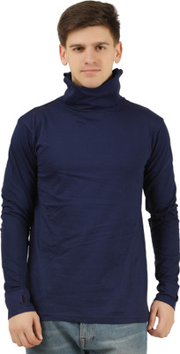 TEES PARK Solid Men Turtle Neck Dark Blue T-Shirt