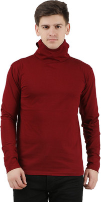 Tees Park Solid Men Turtle Neck Maroon T-Shirt