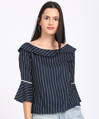 Style Quotient Casual Bell Sleeve Striped Women Dark Blue Top