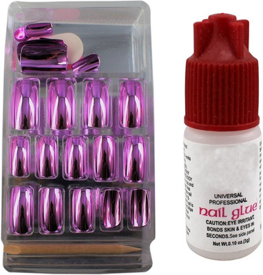 

Ear Lobe & Accessories Mirror Finish Glossy Full Cover 24 Nails With Glue(Light Pink) Pink(Pack of 24)