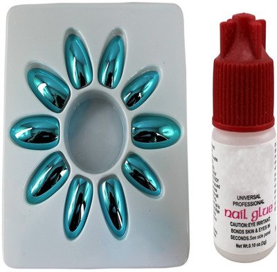 

Ear Lobe & Accessories Mirror Finish Glossy Full Cover 24 Nails With Glue(Turquoise) Turquoise(Pack of 24)