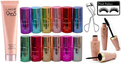 

pink palace Eyelashes, Lakme 9to5 Eyeliner & Mascara, Weightless mousse Foundation , Mirror Nail Paint Set Of 12, Eyelashes Curler(Set of 17)
