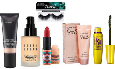 

tiara Eyelashes,Mac Pro Long Wear Waterproof Foundation,Vibe Tribe Lipstick,Bobbi brown Long Even Finish Foundation,Lakme WeightLess Mousse Foundation,maybelliene New York the Magnum Mascara(Set of 6)