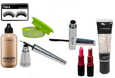 

tiara Eyelashes, Face & Body Foundation, Eyeliner & Mascara,Lady Gaga Lipstick Pack Of 2, Mattifyfing Primer,nail paint remover(Set of 8)