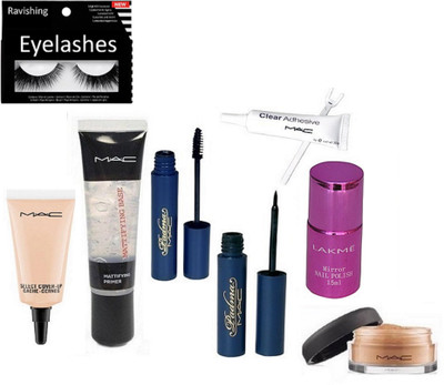 

ravishing eyelashes, MAC mattifying base primer & select coverup concealer & padma eyeliner & mascara & loose powder & fix set eyelashes glue & LAKME nail polish(Set of 8)