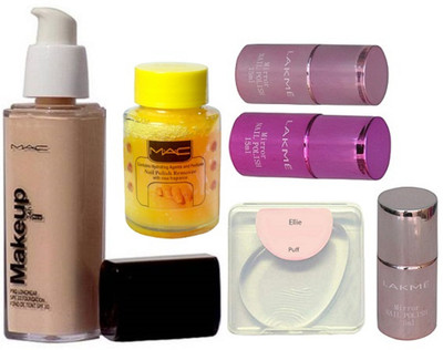 

Ellie Silicon Puff, Mac Makeup Foundation Nail polish Remover, lakme mirror Nail Polish Pack of 3(Set of 6)