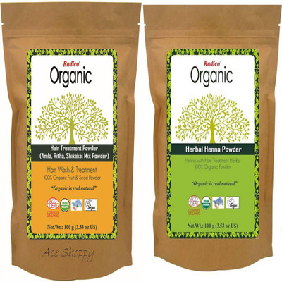 

Radico 100% Organic Amla Ritha Shikakai Mix (Hair Treatment) With 100% Organic Herbal Henna Powder(Set of 2)