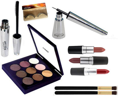 

Ultimate Eyelashes & Mac 9 Shade Eye Shadow Palette, Brook Candy Eyeliner & Mascara & Long Lasting Matte Finish Lipstick 3 Shades,2 Eye Makeup Brush(Set of 7)