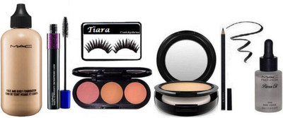 

tiara Eyelashes and Prep+Prime Primer Oil and 3 Shade Blusher, & Naughty Mascara, Studio Fix Compact, Pencil Kajal, Face & Body Foundation(Set of 7)