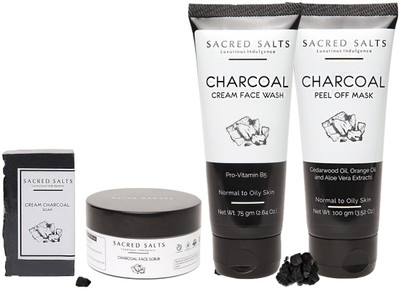 

Sacred Salts Charcoal Face Scrub, Face Wash, Peel Off Mask & Bathing Soap| Deep Cleansing & Natural Glow| 100% Organic for Men & Women | Combo Pack - Set of 4(Set of 4)