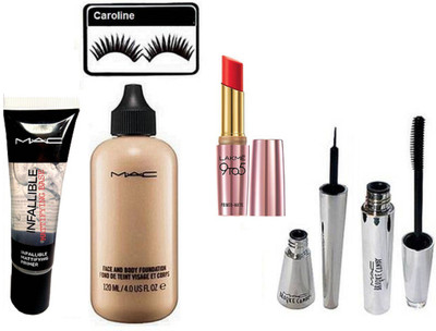 caroline Eyelashes, Mac Infallible Mattifying Base Primer, Face & Body Foundation, Brooke Candy Eyeliner & Mascara & Lakme 9to5 primer matte Lipstick(Set of 6)