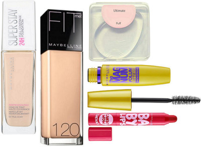 

Ultimate silicon puff, Super stay 24H full coverage, fit me foundation, the mag num mascara, baby lips candy wow lip balm(Set of 5)