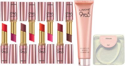 

Ultimate silicon puff, lakme 9to5 lipstick pack of 8, weightless mousse foundation(Set of 10)