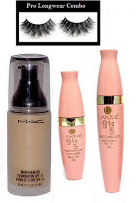 

pro longwear combo Eyelashes With Mac Matchmaster Foundation, 9to5 Waterproof Eyeliner & Mascara(Set of 4)