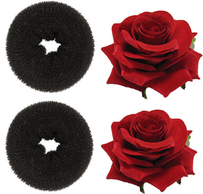 

JAGTEK Fashion Hair Doughnut Bun Ring Shaper Hair Donut Style Updo Black set of 2 pcs and Red Fabric Rose Flower Hair Clip For Women 2 pcs Bun Clip(Multicolor)