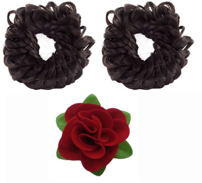 

GaDinStylo Set of 2 Fancy Rubber Juda (Brown) with Red flower hair pin for Women and Girls Hair Accessory Set(Brown)