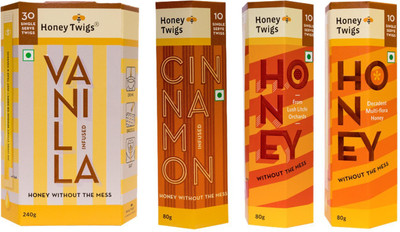 

Honey Twigs Combo Pack - Natural Pure Vanilla Infused Honey 240 gm, Cinnamon Infused Honey 80g, Natural Litchi Honey 80g & Multi-Flora Honey 80g(480 g, Pack of 4)