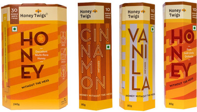 

Honey Twigs Combo Pack - Multi-Flora Honey 240g, Cinnamon Infused Honey 80g, Vanilla Infused Honey 80g & Natural Litchi Honey 80g(480 g, Pack of 4)