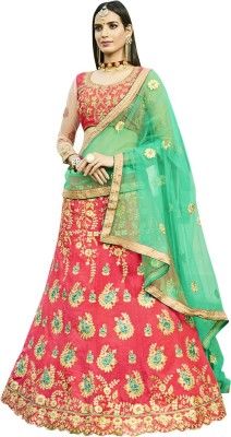 manvaa Embroidered Semi Stitched Lehenga Choli(Green, Pink)