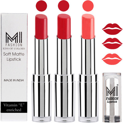 

MI Fashion Single Stroke Bold Application Luxurious Smooth Creamy Matte Lipstick Sets of 3(Red Alert Lipstick,Romantic Red Lipstick,Peach Crush Lipstick)