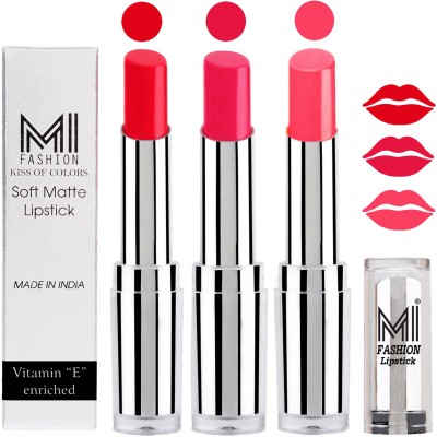 MI FASHION Single Stroke Bold Application Luxurious Smooth Creamy Matte Lipstick Sets of 3 Code no 1539(Reddish Orange Lipstick,Pink Passion Lipstick,Peach Lipstick, 10.5 g)