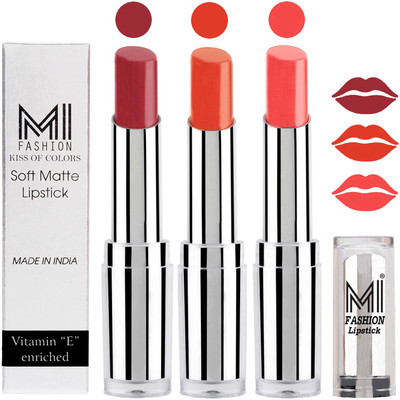 

MI Fashion Single Stroke Bold Application Luxurious Smooth Creamy Matte Lipstick Sets of 3(Brown Raisin Lipstick,Brick Red Lipstick,Peach Crush Lipstick)