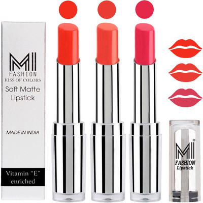 

MI Fashion Single Stroke Bold Application Luxurious Smooth Creamy Matte Lipstick Sets of 3(Orange Crush Lipstick,Coral Glamour Lipstick,Magenta Lipstick)