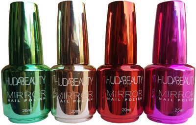 

Huda Beauty Mirror Nail Polish Pack of 4 Hot Red, Green, Rich Silver, Mix Pink&Purple(Pack of 4)