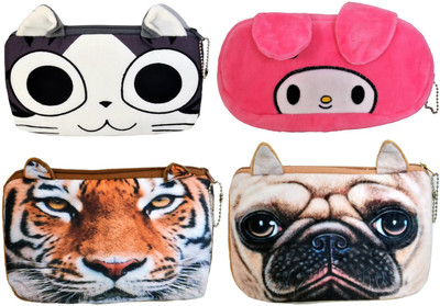 

popo GRAY,PINK,RED,GREEN 005 MULTI CHARACTER CARTOON POUCH IN 3D Art Canvas Pencil Boxes(Set of 4, Multicolor)