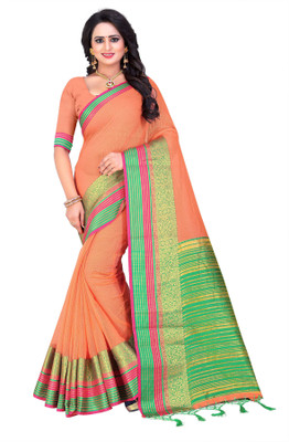 Bombey Velvat Fab Solid/Plain Maheshwari Cotton Blend, Art Silk Saree(Orange)