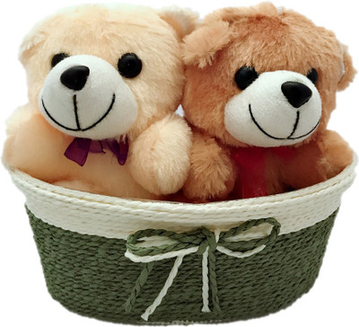 

MotoPanda Two Cute Teddy Sitting in a Raffia Oval Basket - 6 inch(Cream Brown)
