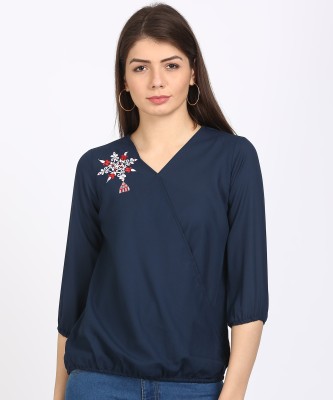 Style Quotient Casual 3/4 Sleeve Embroidered Women Blue Top