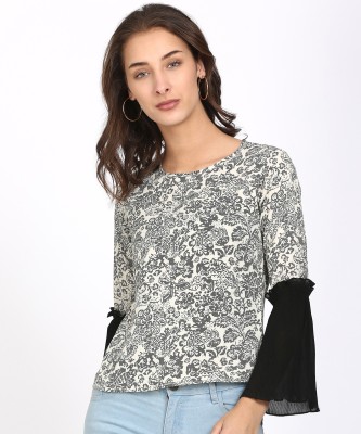 Style Quotient Casual Bell Sleeve Floral Print Women White, Beige Top