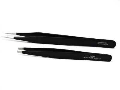 PagKis Black Coated Stainless Steel Pointed and Slant Flat Tip Tweezer Plucker Set For Eyebrow Making