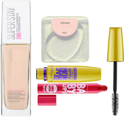

Ultimate silicon puff, Super stay 24H full coverage foundation, the mag num mascara, baby lips candy wow lip balm(Set of 4)