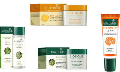 

BIOTIQUE BIO Morning Nectar Flawless Skin Lotion For All Skin Types, Bio Aloe Vera 30+ Spf Sunscreen Cream, Bio Wheat Germ Night Cream, LIP BALM(Set of 4)