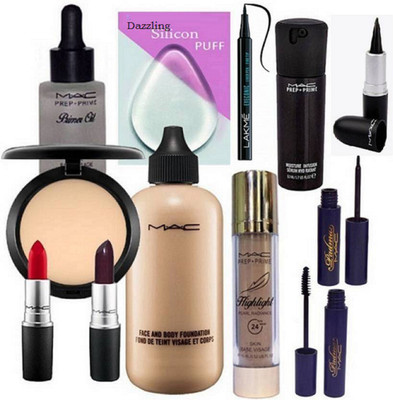 

DAZZLING Silicon Puff&Mac Studio Fix Compact&Mac Face&Body Foundation&Mac stick kajal&eyeconic liner&Lipstick Pack Of 2&Mac HIghlight&Mac Prep+Prime Oil& Mac Padma Liner&Mascara&Mac Face Serum (Set of 12)(Set of 12)