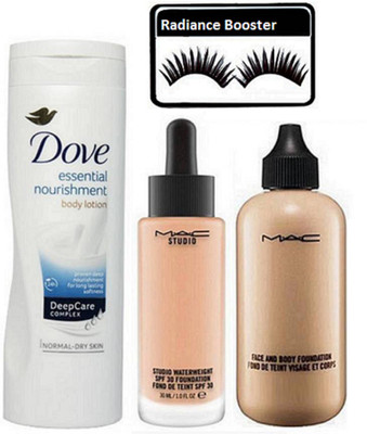 

radiance booster Eyelashes & Mac Face&Body & Studio Water Weight Foundation & Essential Nourishment Body Lotion(Set of 4)