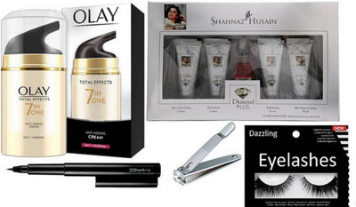 

Dazzling Eyelashes with Olay total effect 7 in one cream, Diamond facial kit, mac pen eyeliner with nail cutter (Set of 5)(Set of 5)