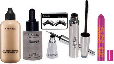 

catherine Eyelashes, Face and Body Foundation, Prep+prime Primer Oil, Eyeliner & Mascara, Maybelline Baby Lips Lip Balm(Set of 6)