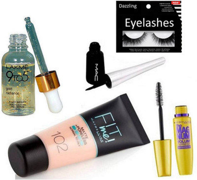 

dazzling Eyelashes & Maybelline Fit Me Matte Normal To Oily Foundation 102,the Magnum mascara,Liquid Eyeliner,Lakme 9to5 Gold radiance serum (Set of 5)(Set of 5)