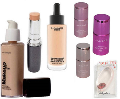 

pink palace silicone puff, MAC makeup prolongwear & studio waterweight foundation & concealer & lakme nail polish (3 set)(Set of 7)