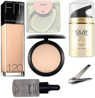 

Ultimate silicon puff, Mac studio fix compact, prep+prime primer oil, Fit me foundation, olay total effect 7 in one anti-ageing cream with nail cutter(Set of 6)