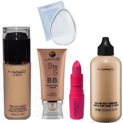 

ravishing Eyelashes, MAC face & body & studio water weight foundation & LAKME 9 to 5 BB Cream & giambattista valli lipstick(Set of 5)
